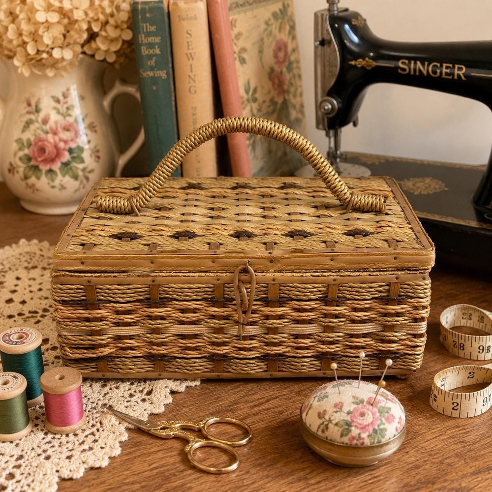 VTG Woven Sewing Basket Made in Japan Lidded Box w/ Handle Mid Century Craft *